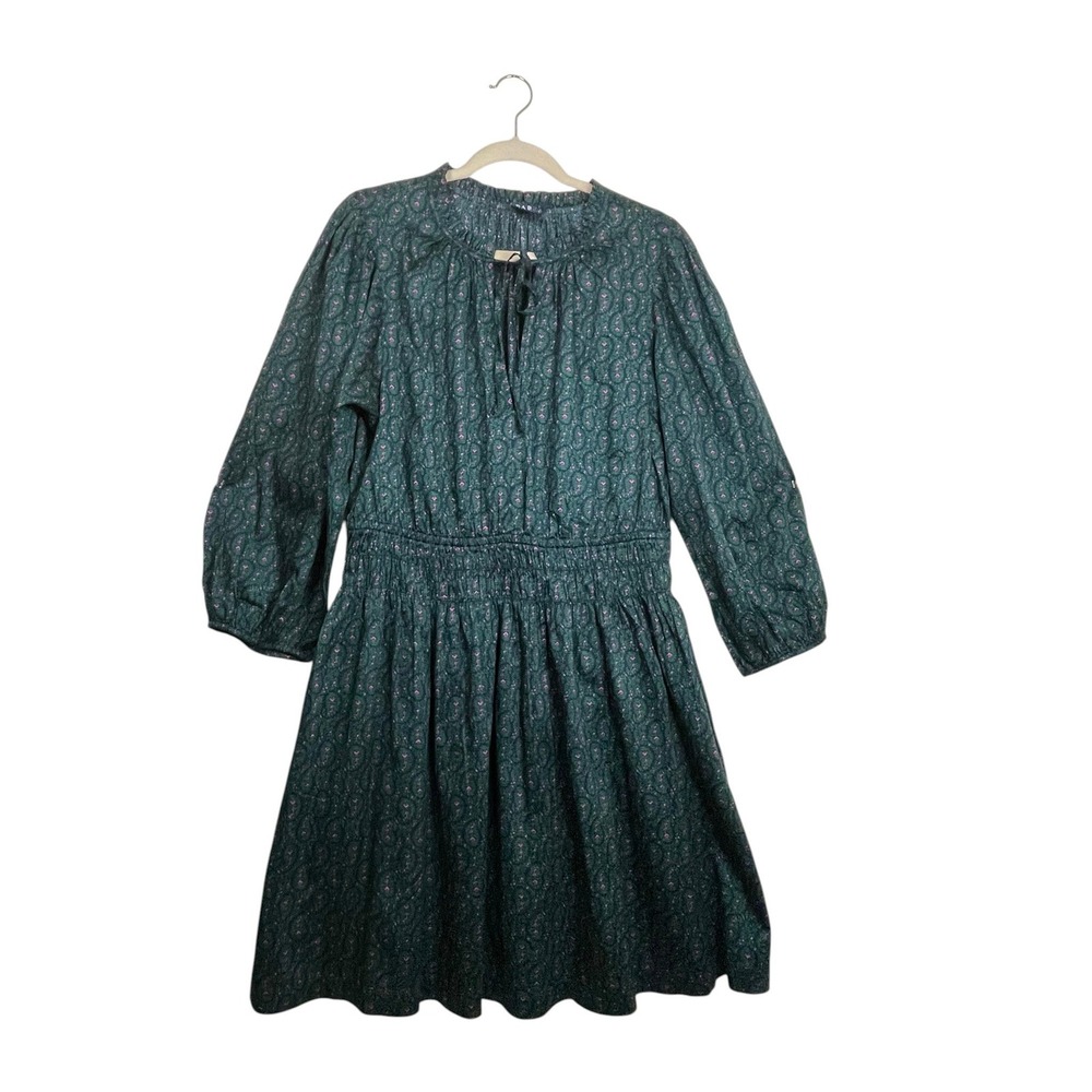 Gap Paisley Smocked Waist Dress L Tall Green Pink Cotton Pockets Cottagecore